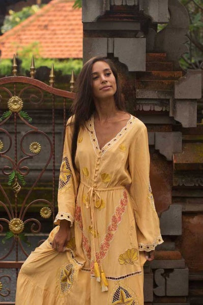 Maltese Sunset Kimono Maxi Dress (Mustard) 2c39